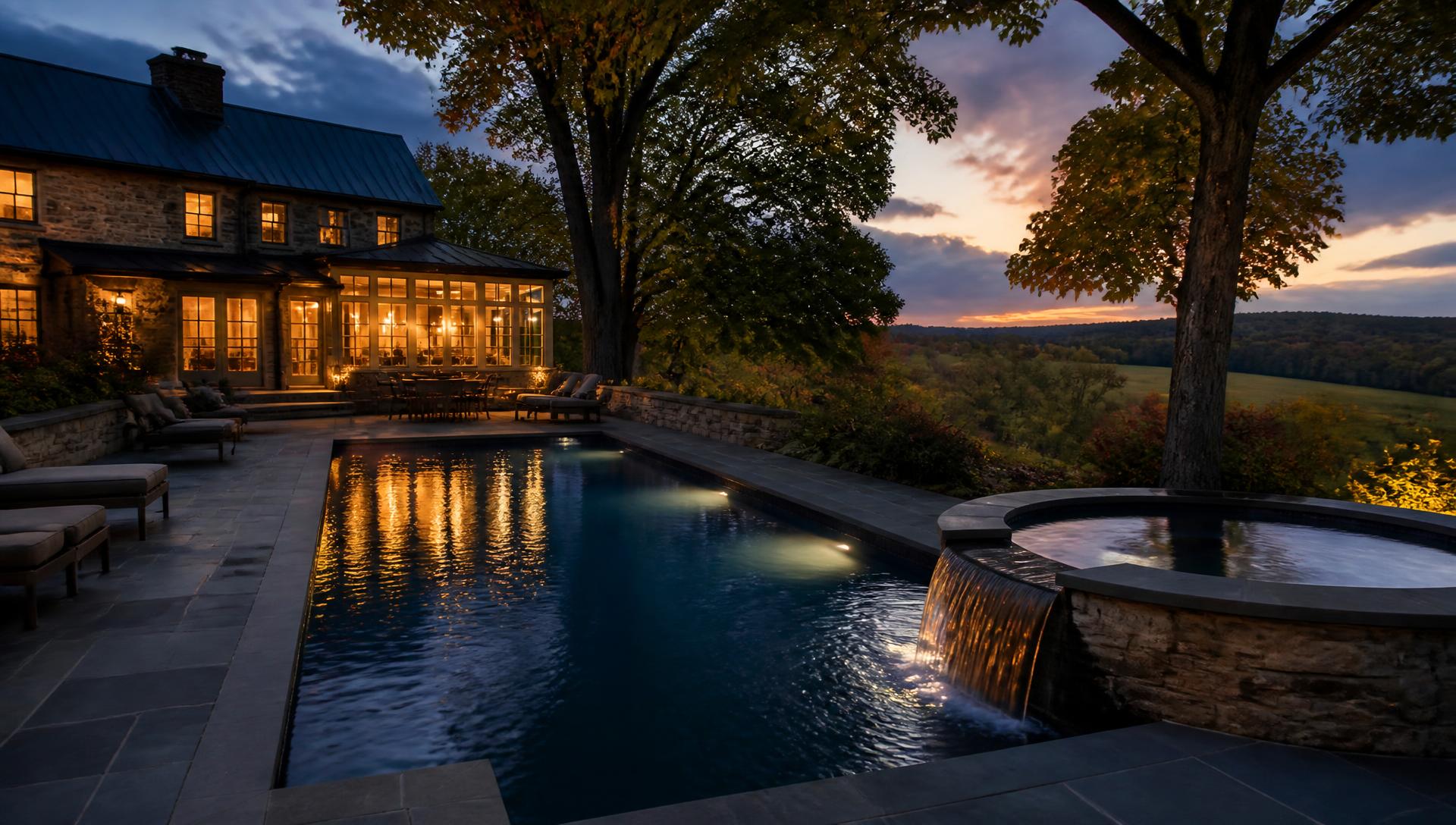 Custom gunite pool and raised spa at dusk behind a Pennsylvania fieldstone home