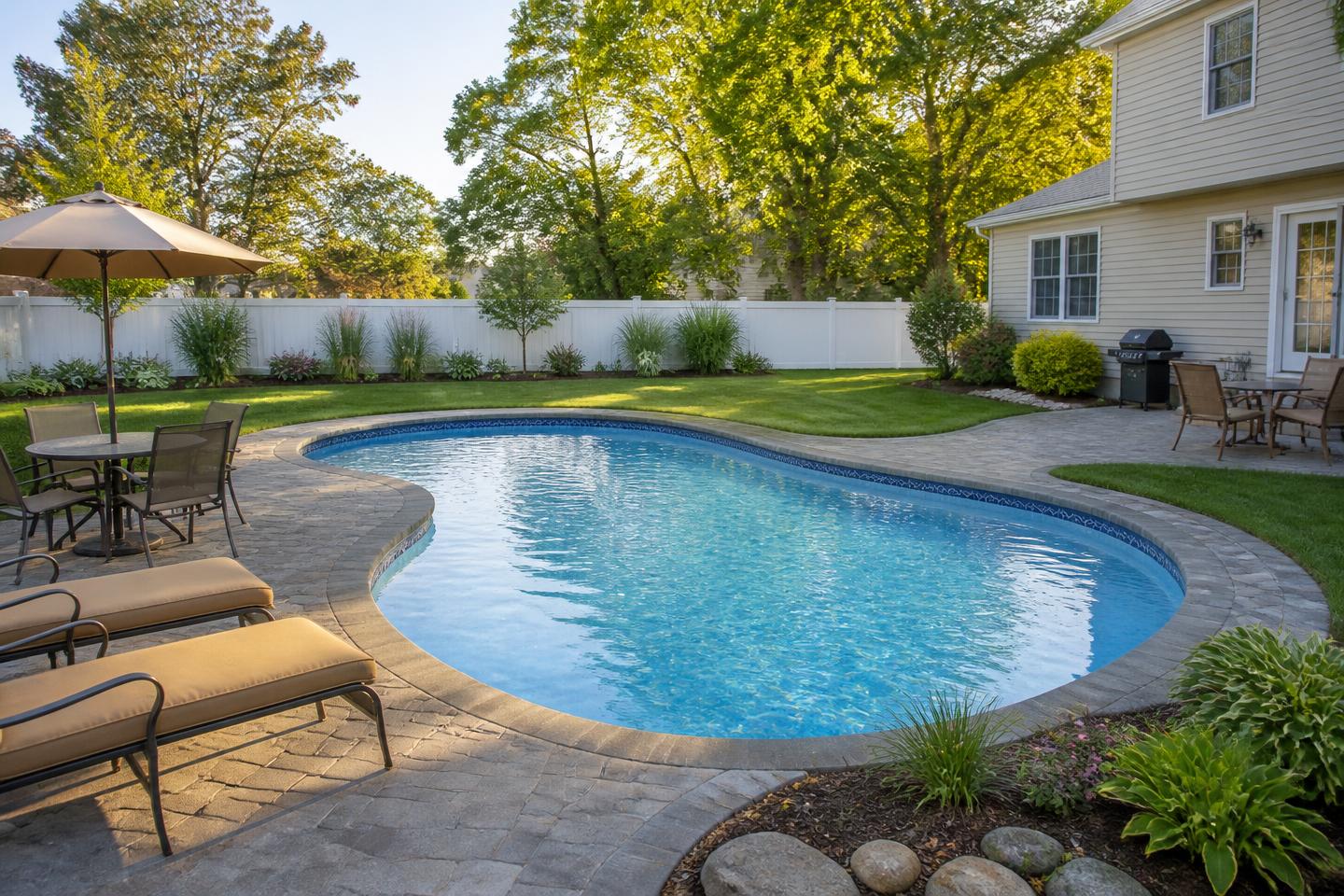 Freeform gunite pool with a natural rock waterfall and flagstone deck